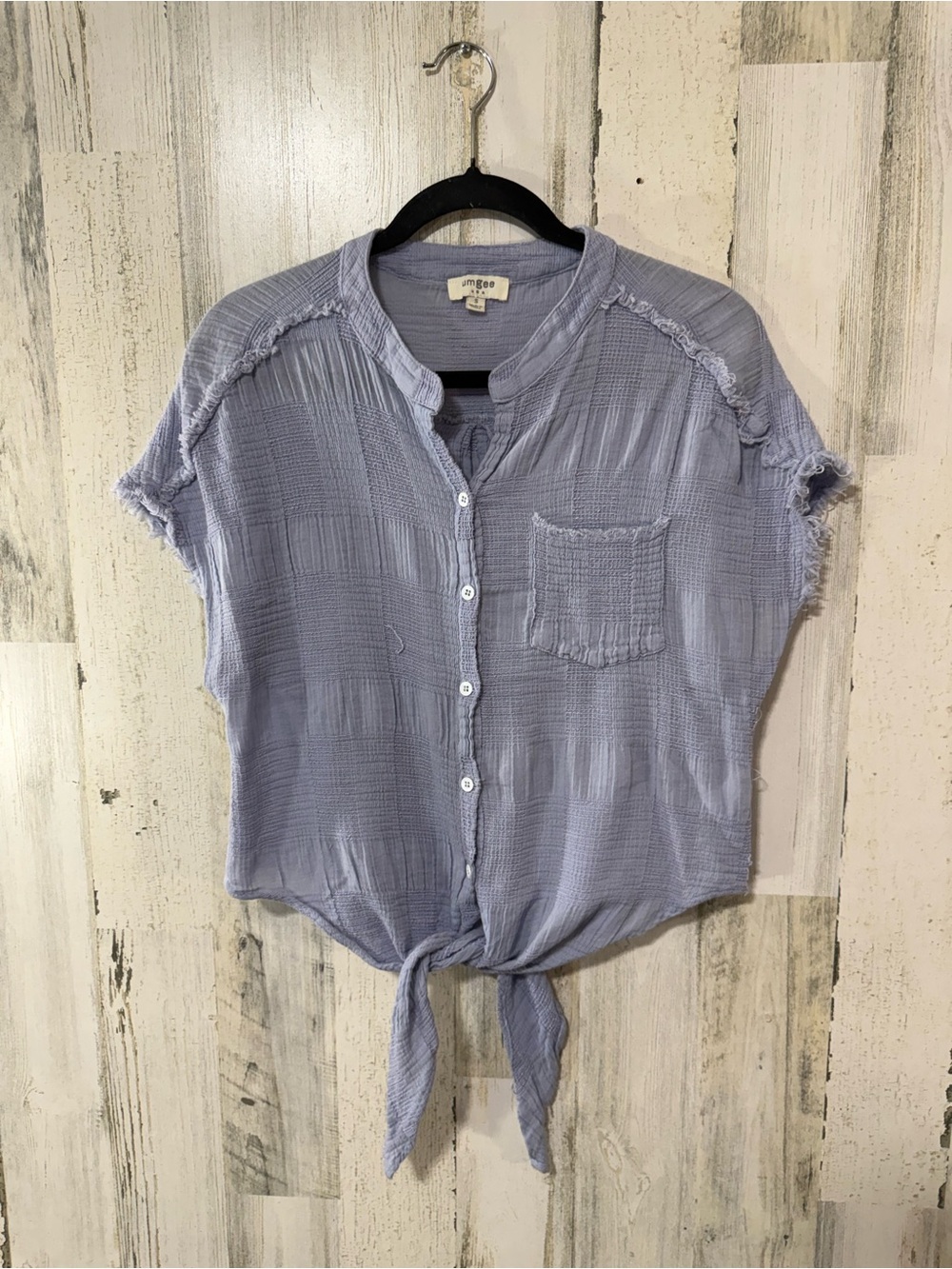 Umgee Light Blue Textured Button-Down Tie Front Top